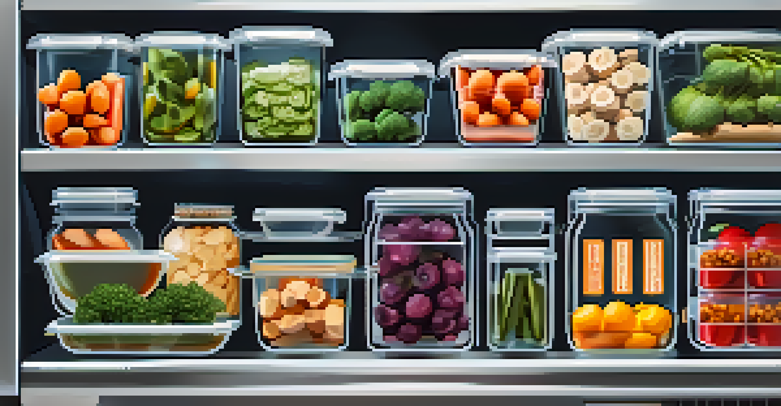 An organized fridge filled with labeled glass containers of healthy snacks including energy bites, roasted chickpeas, and pre-cut fruits and vegetables.