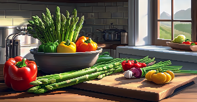 A bright kitchen filled with fresh seasonal vegetables and a tablet showing a vegetarian recipe app.