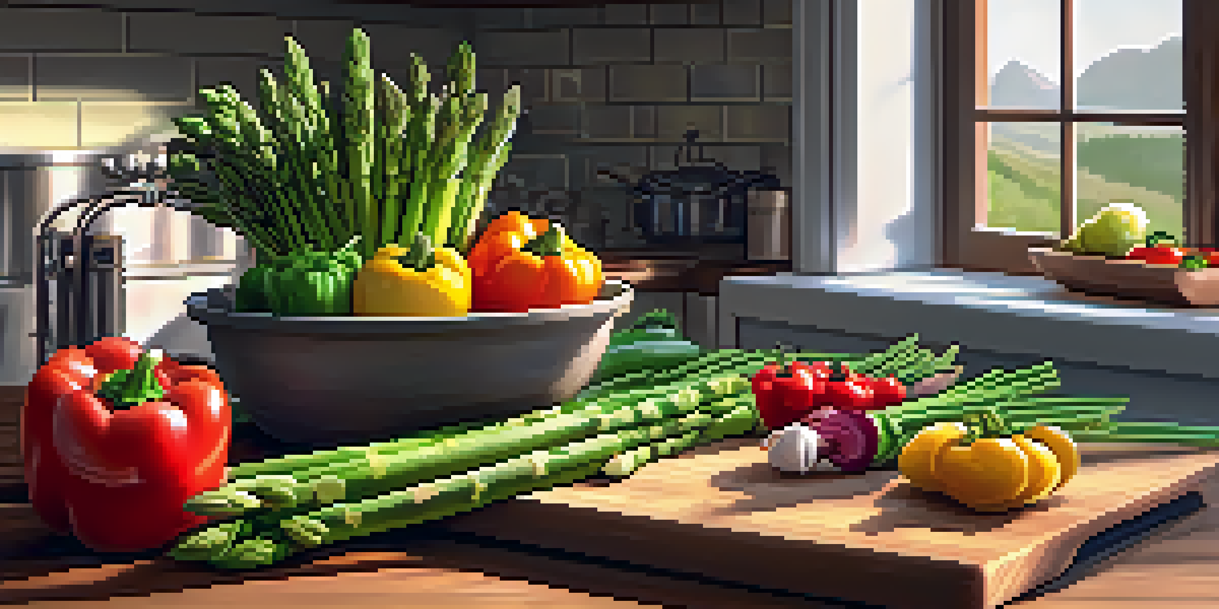 A bright kitchen filled with fresh seasonal vegetables and a tablet showing a vegetarian recipe app.