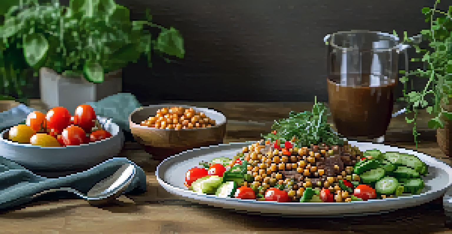 A plate of plant-based protein dishes including lentil stew and quinoa salad, set on a rustic wooden table.