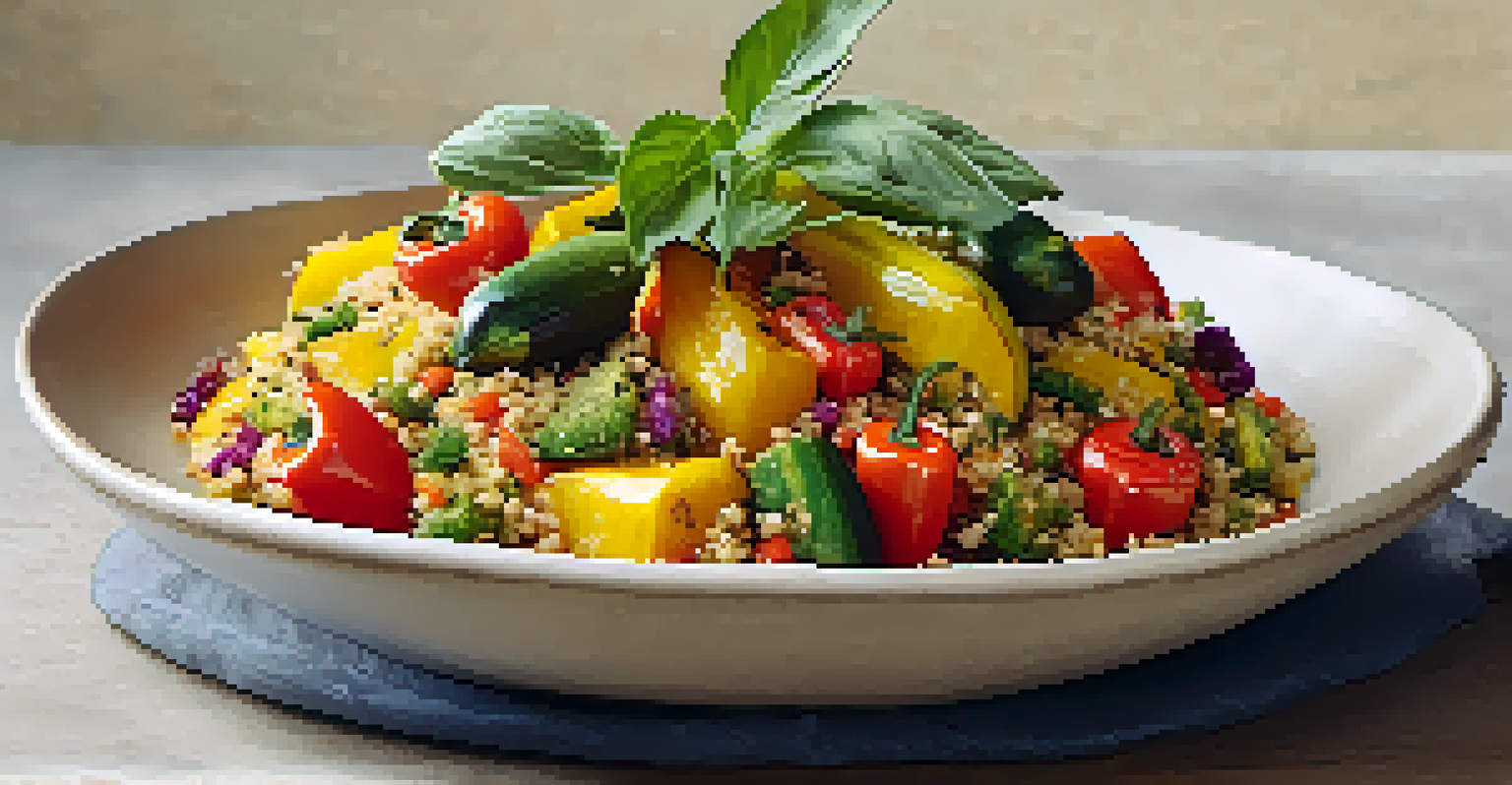 A close-up of a colorful dish with roasted vegetables and quinoa, highlighting the fresh ingredients and vibrant colors.