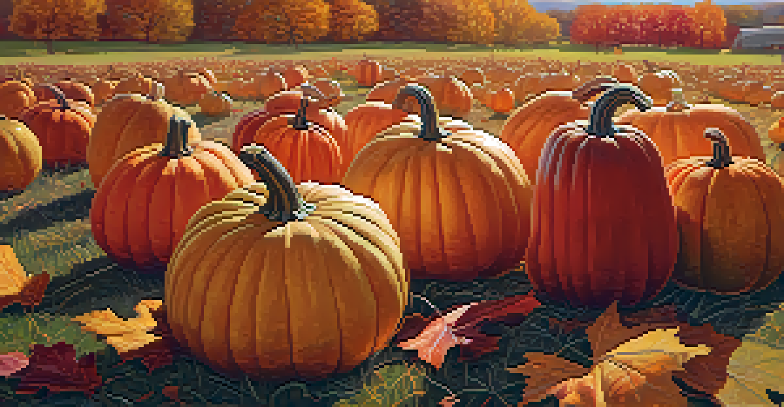 A scenic autumn landscape featuring pumpkins in a field surrounded by vibrant fall foliage, illuminated by soft golden hour light.