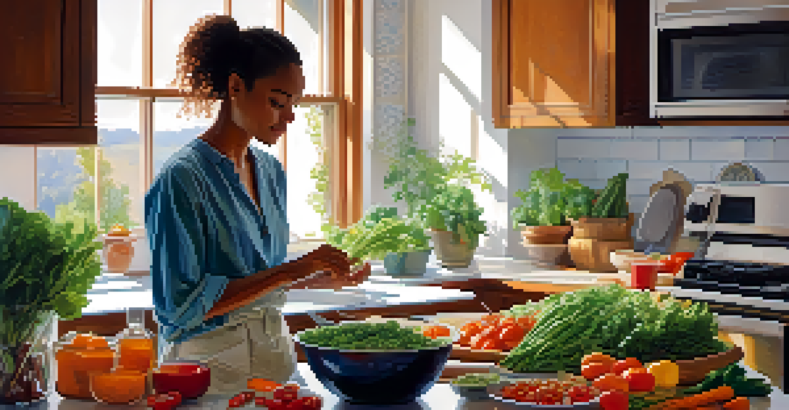 A kitchen with a person cooking a colorful plant-based meal, surrounded by fresh vegetables and legumes, illuminated by natural light.