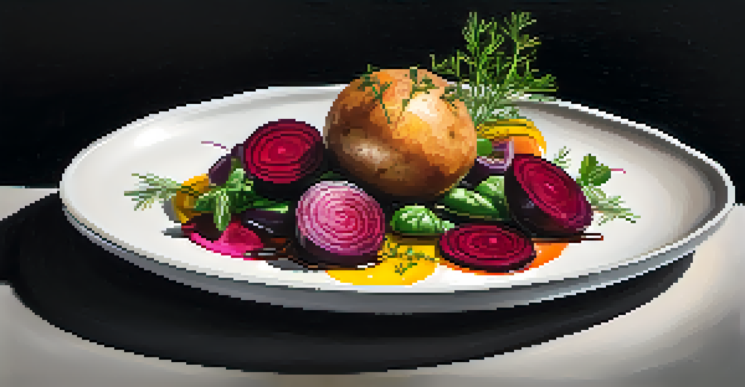 An elegantly plated dish of sous vide vegetables like beets and potatoes, garnished with herbs and balsamic glaze on a white plate.