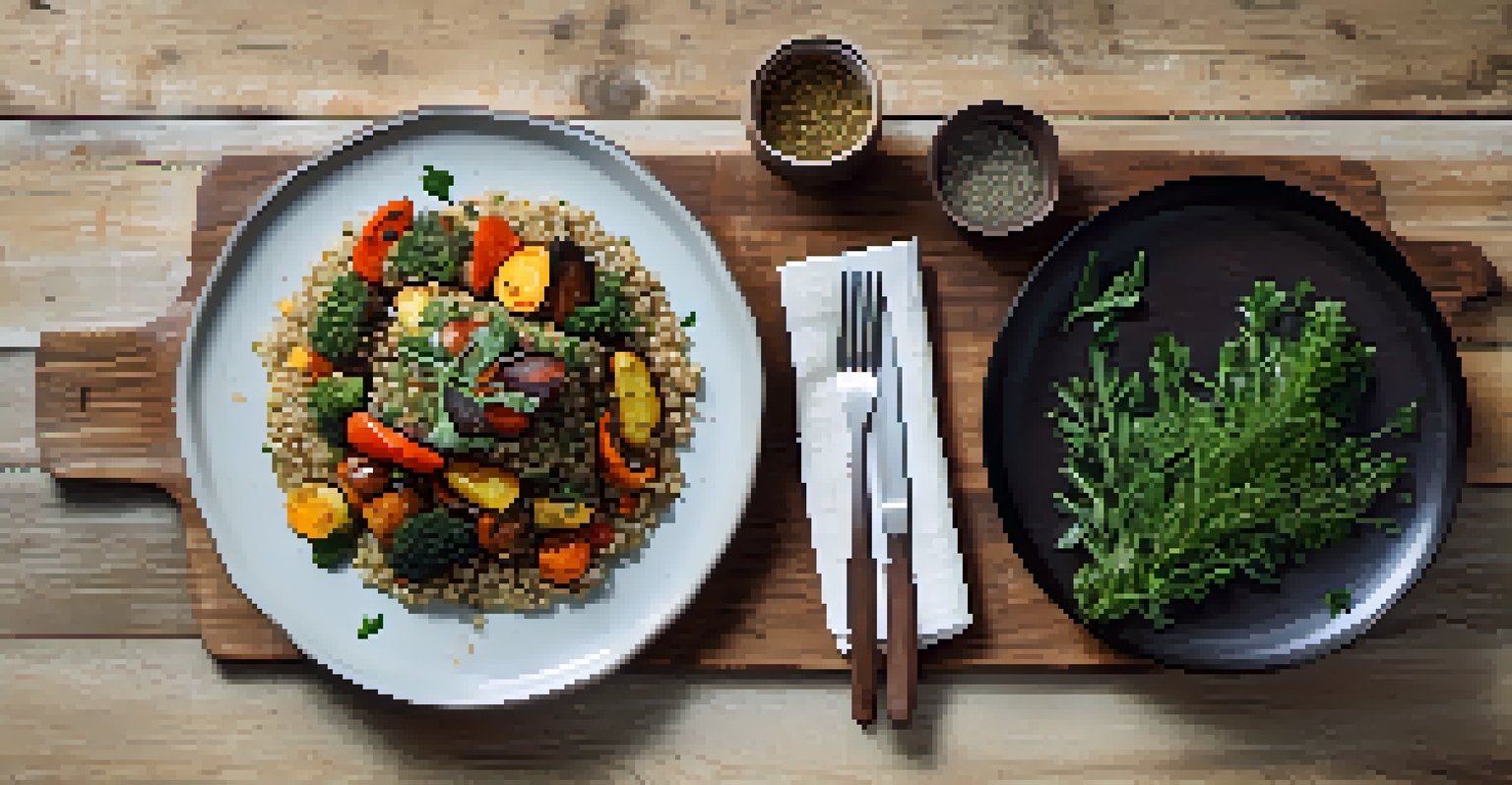 An overhead shot of a colorful plant-based meal with quinoa and roasted vegetables, elegantly arranged on a rustic table.