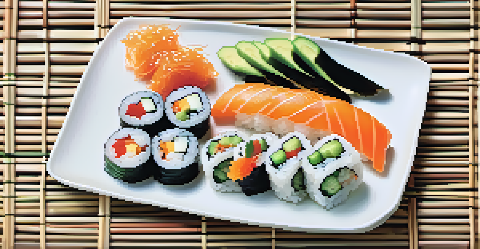 A plate of colorful vegetarian sushi rolls with avocado, cucumber, and carrots, presented on a bamboo mat.