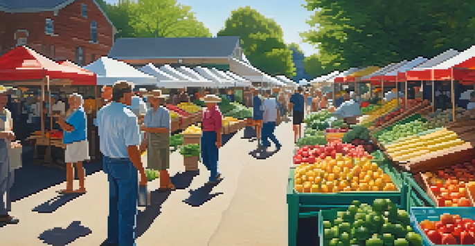A lively farmer's market filled with colorful fruits and vegetables, with sunlight streaming through the trees.