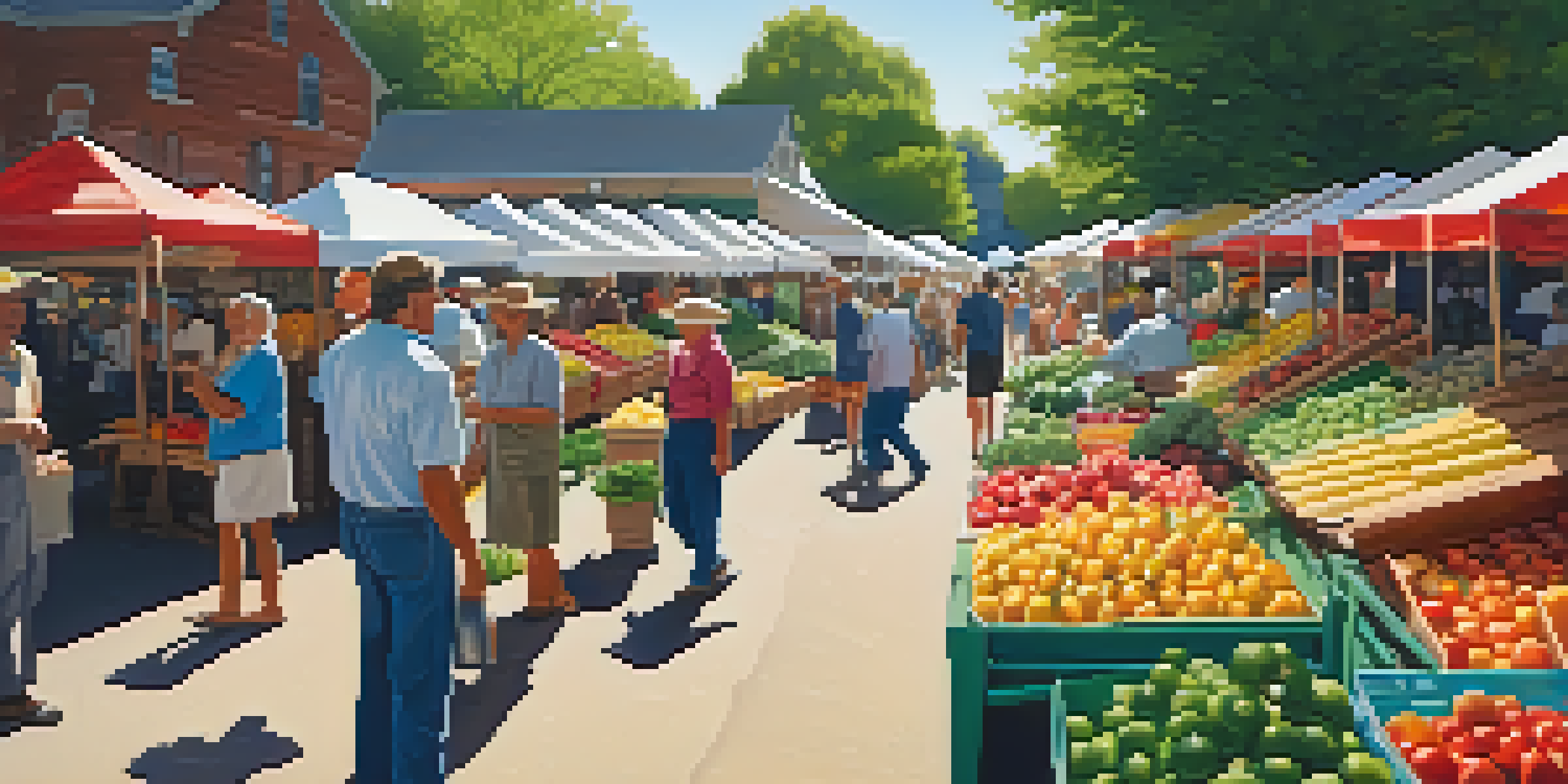 A lively farmer's market filled with colorful fruits and vegetables, with sunlight streaming through the trees.