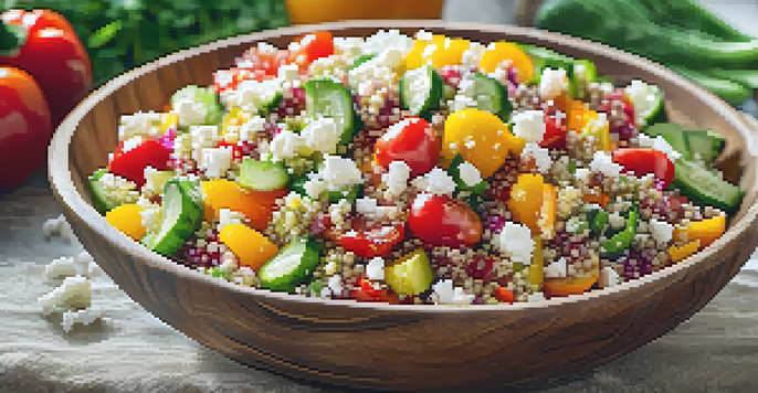 A colorful quinoa salad with feta cheese and fresh vegetables, displayed in a rustic bowl on a wooden table.