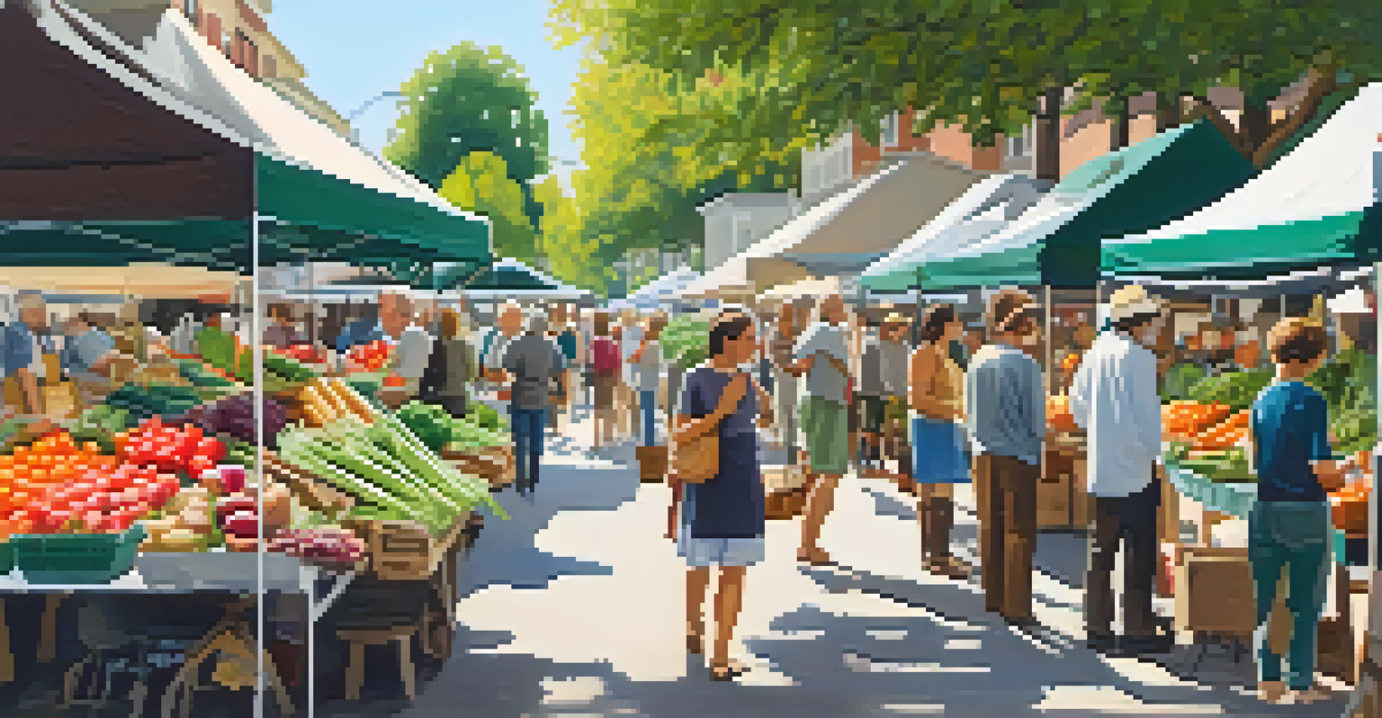 A lively farmers' market scene with colorful stalls of organic vegetables and fruits, and people exploring the market.