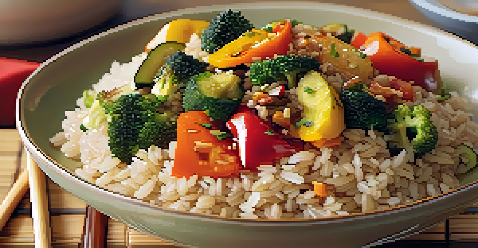 A bowl of brown rice topped with roasted vegetables and soy sauce, with chopsticks and herbs in the background.