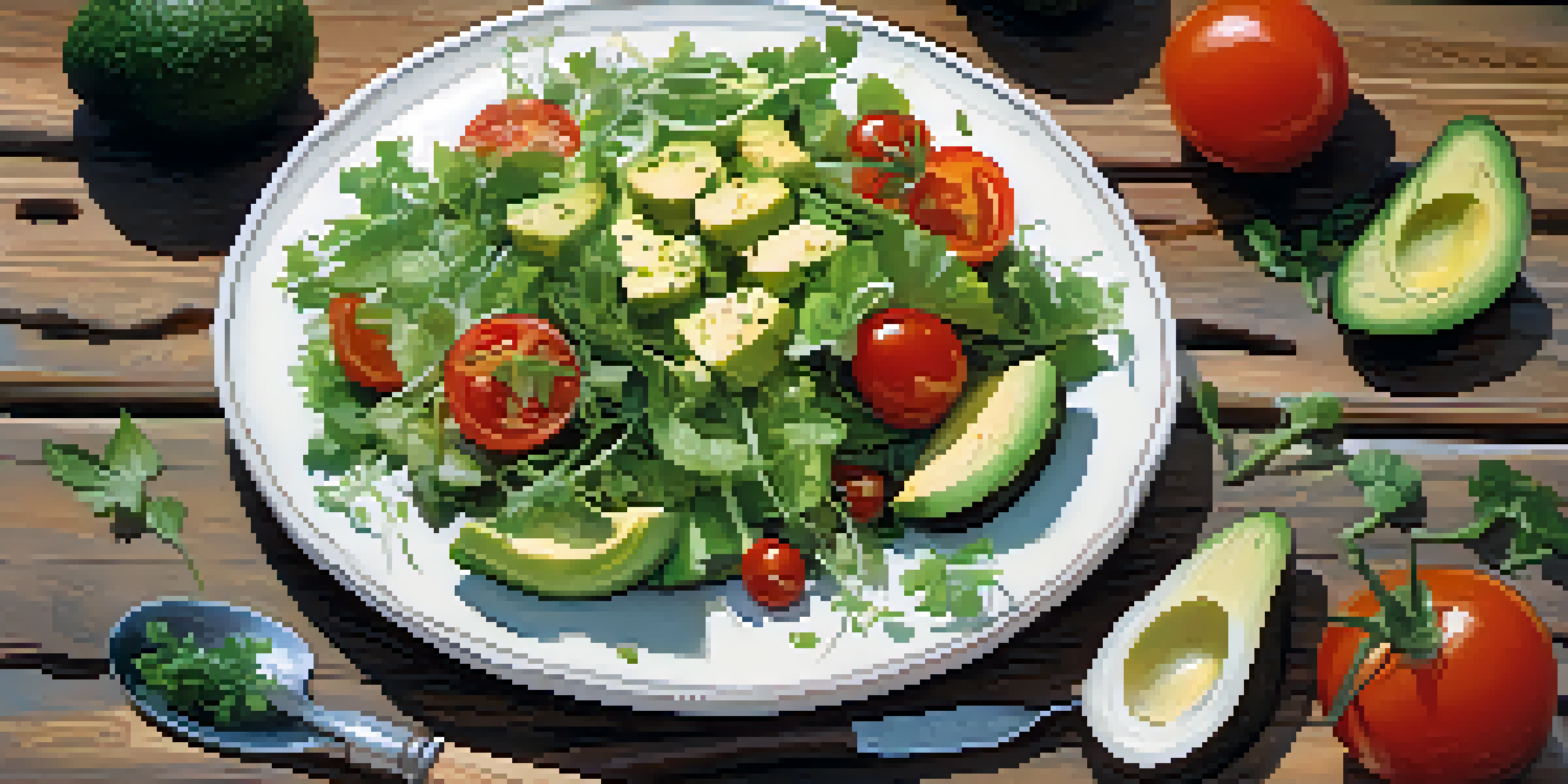 A colorful vegetarian salad made with greens, tomatoes, cucumber, and avocado on a wooden table, illuminated by natural light.