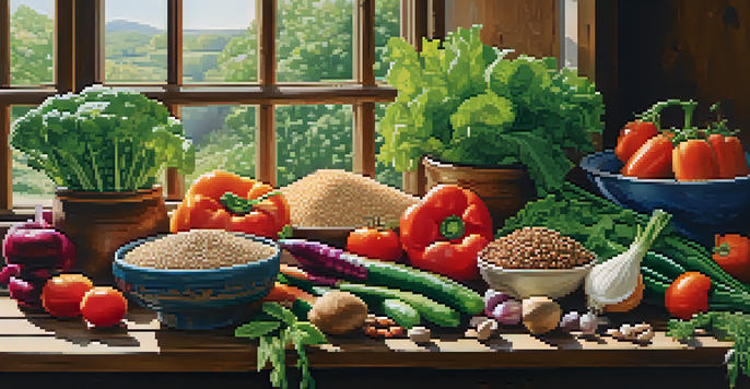 A colorful arrangement of fresh vegetables, legumes, and grains on a rustic wooden table, illuminated by natural sunlight.