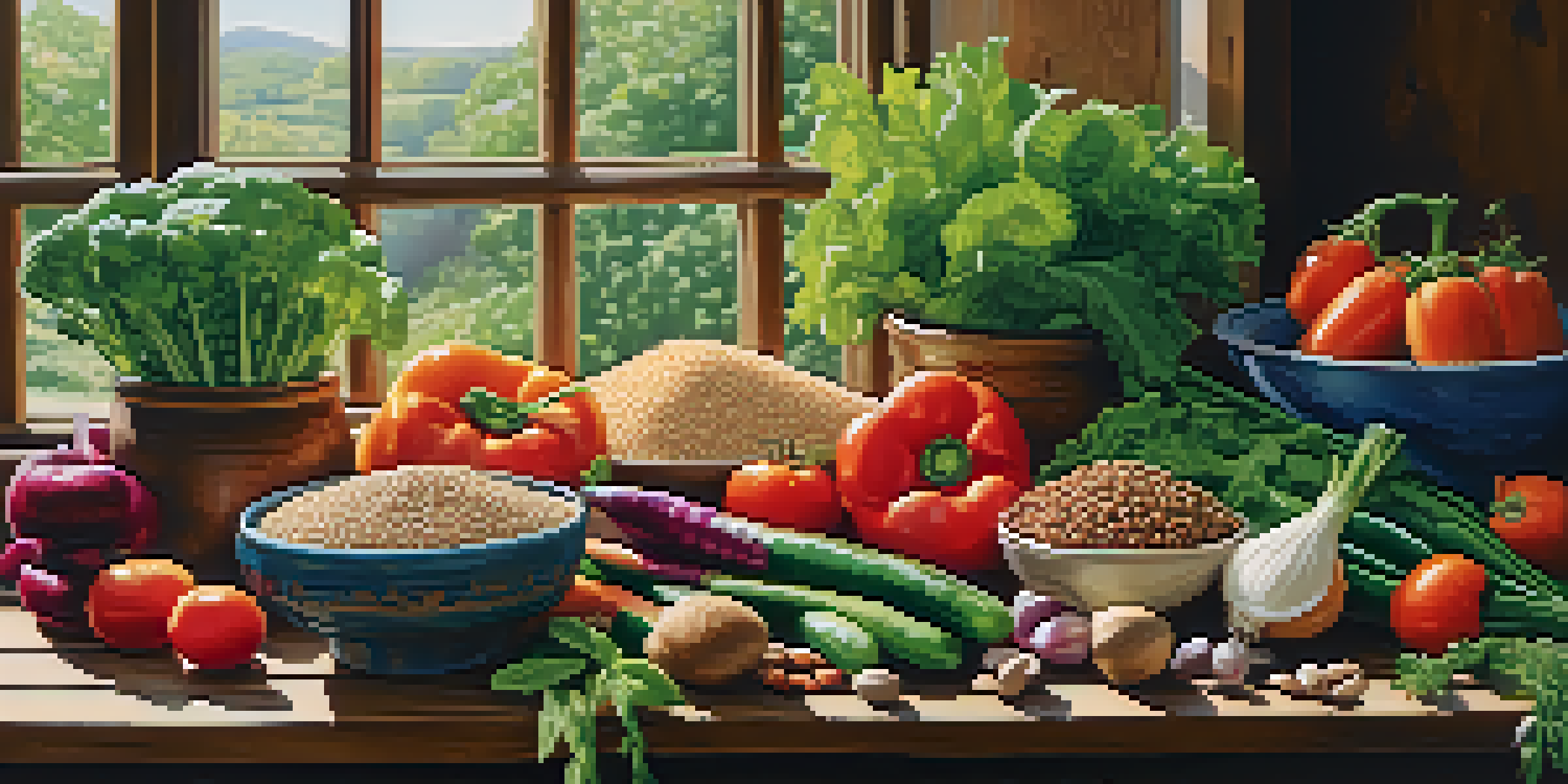 A colorful arrangement of fresh vegetables, legumes, and grains on a rustic wooden table, illuminated by natural sunlight.