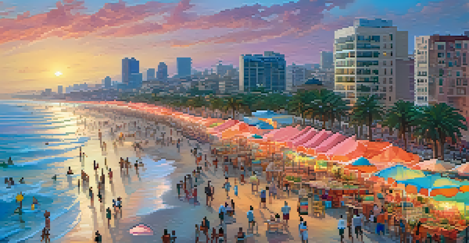 Aerial view of Tel Aviv's beach during sunset, showcasing a vibrant scene with people and vegan food vendors along the promenade.