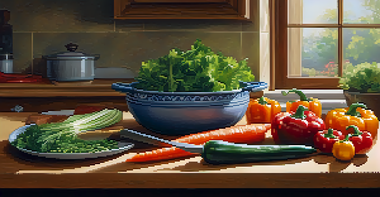A kitchen scene with fresh vegetables on a cutting board, a chef's knife, and a pot of vegetable soup, bathed in warm lighting.