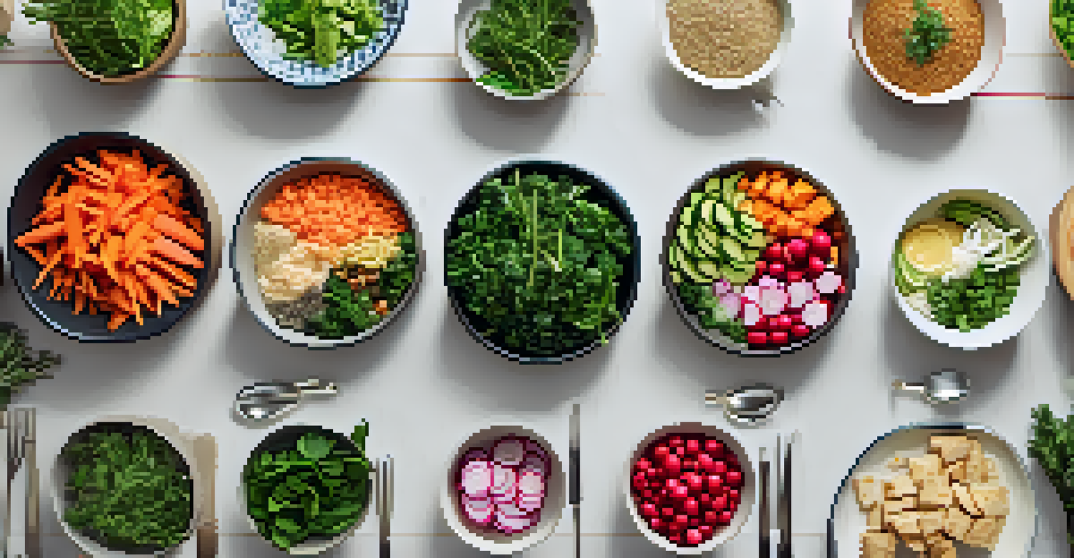 An overhead view of a salad bar filled with seasonal vegetables, grains, and dressings, creating an inviting meal prep setup.