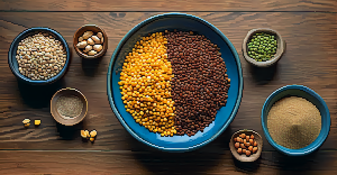 A flat lay of colorful vegetarian protein sources including lentils, quinoa, chickpeas, and nuts on a wooden table.