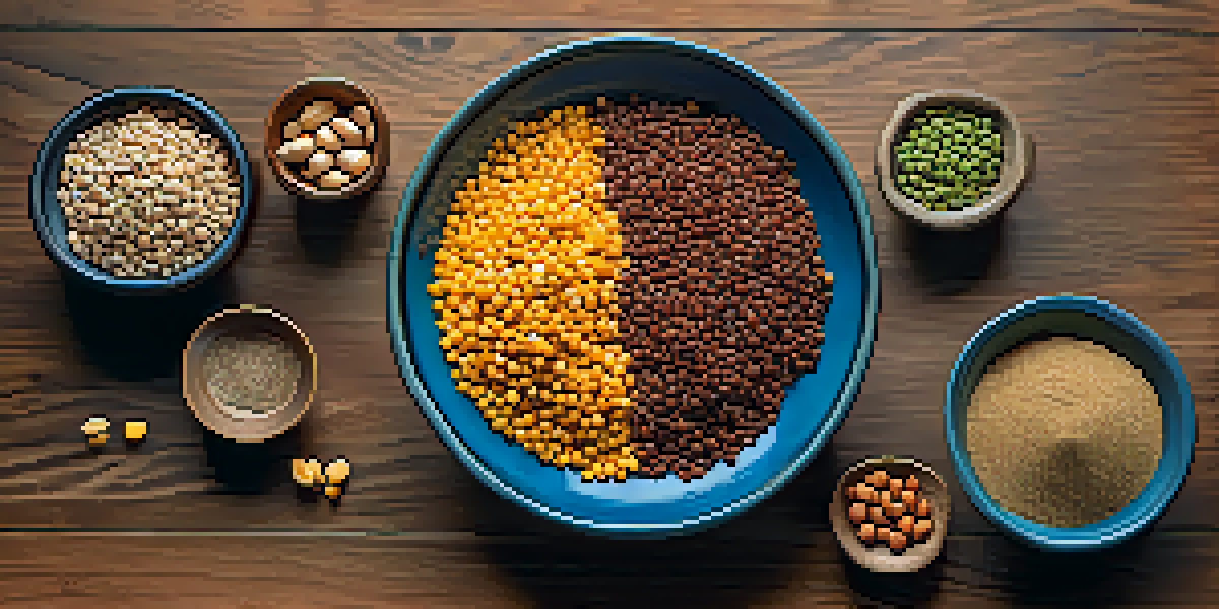 A flat lay of colorful vegetarian protein sources including lentils, quinoa, chickpeas, and nuts on a wooden table.