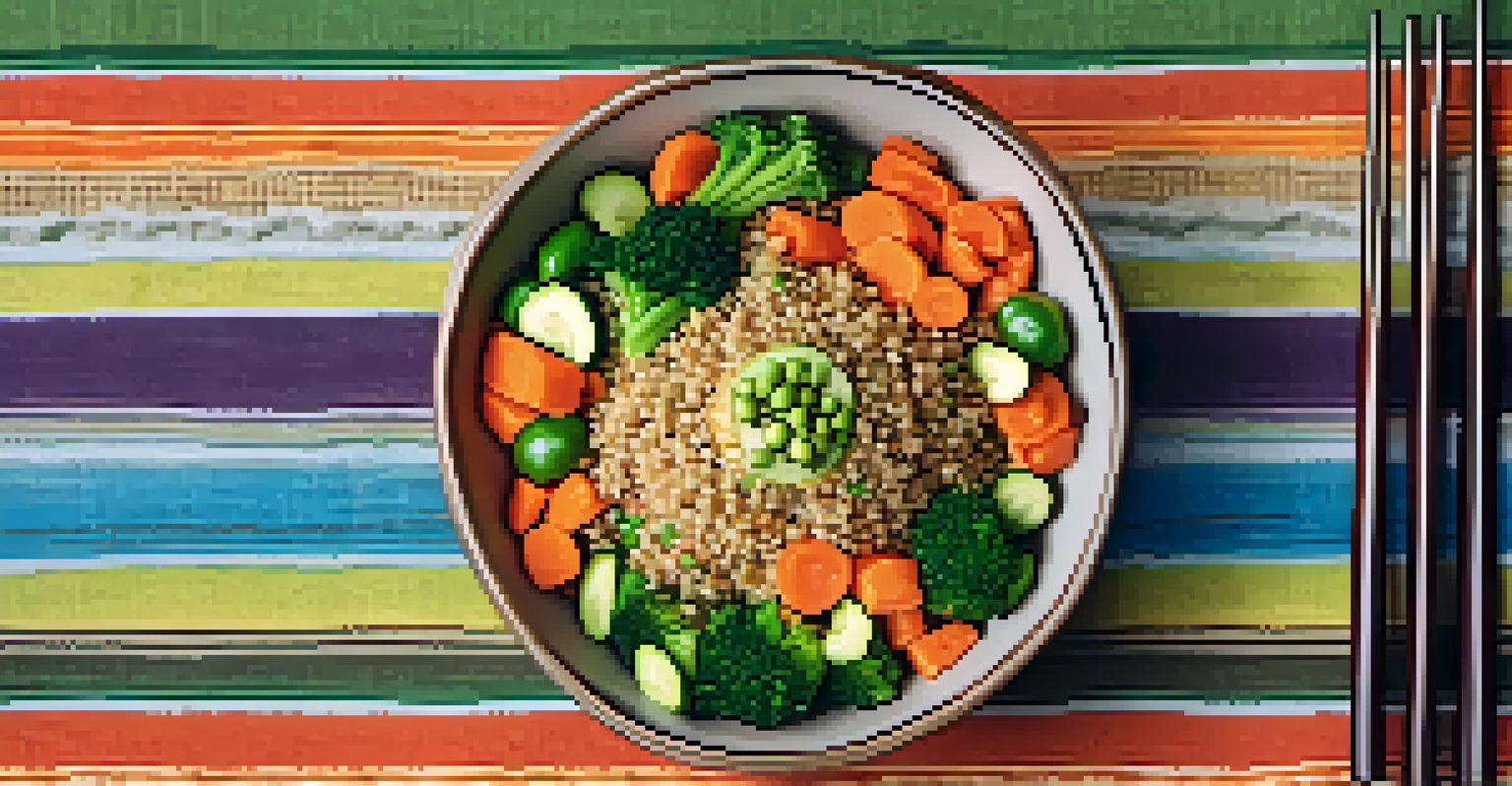 An overhead view of a grain bowl filled with steamed vegetables and quinoa, with chopsticks and a small dish of soy sauce on a colorful tablecloth.