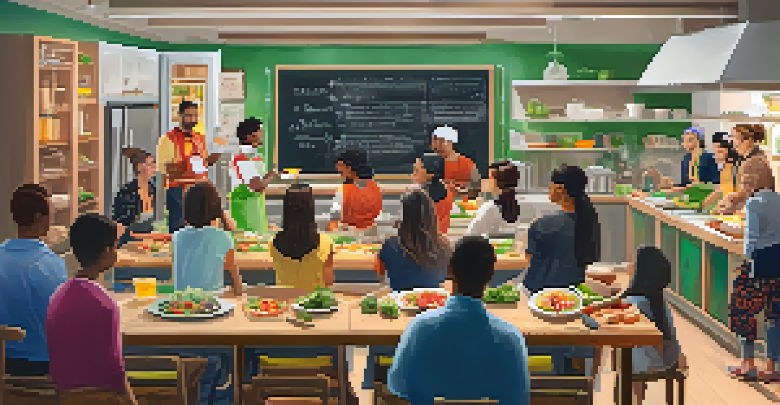A cooking class with students learning vegetarian techniques from an instructor in a vibrant kitchen.