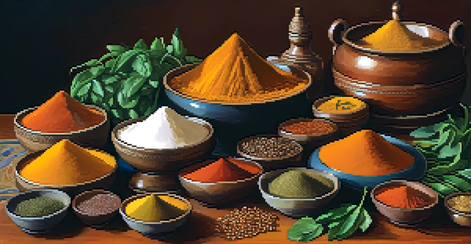 A colorful display of spices and fresh vegetables in a traditional Indian kitchen, with a pot of curry in the background.