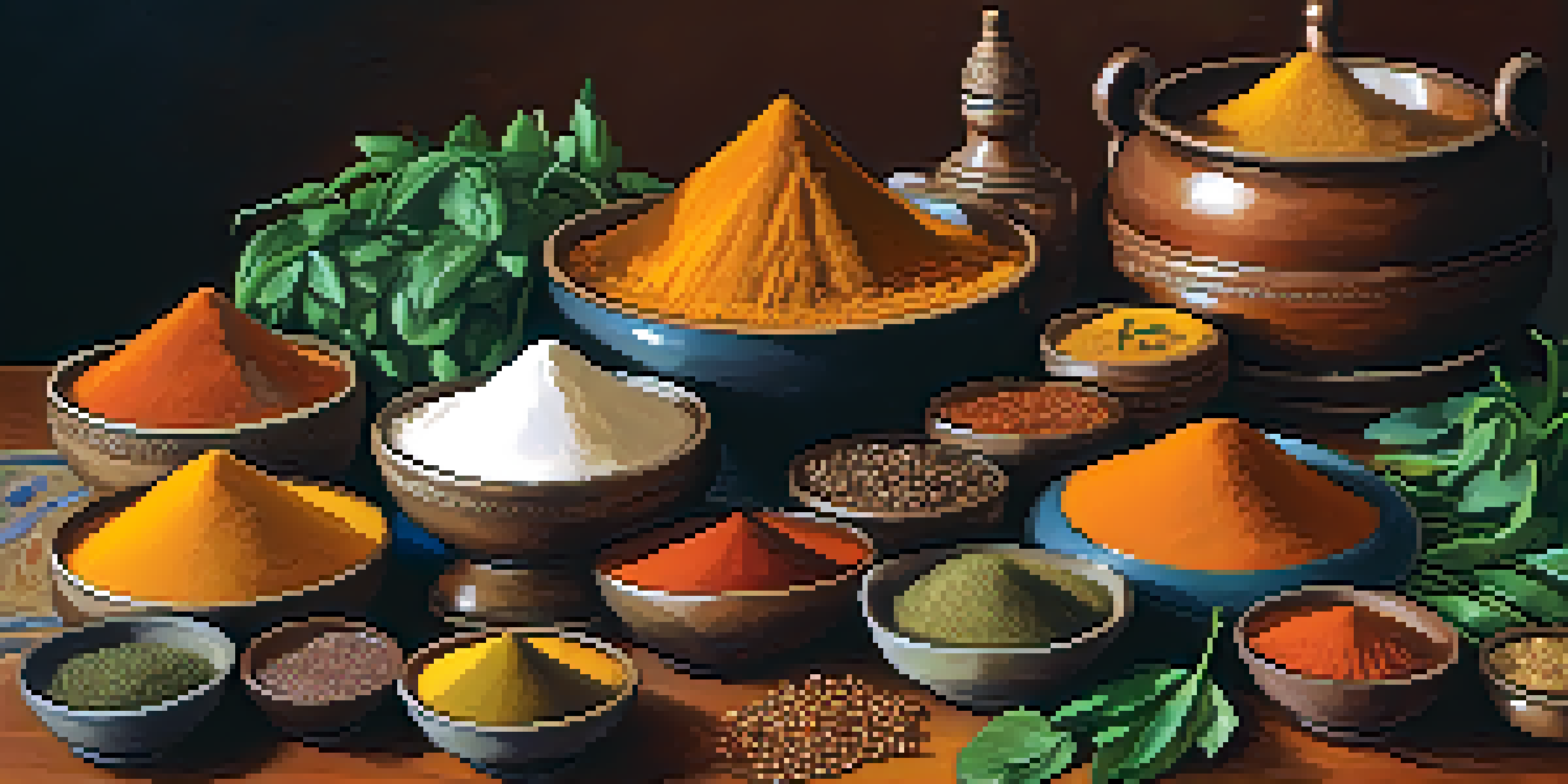 A colorful display of spices and fresh vegetables in a traditional Indian kitchen, with a pot of curry in the background.