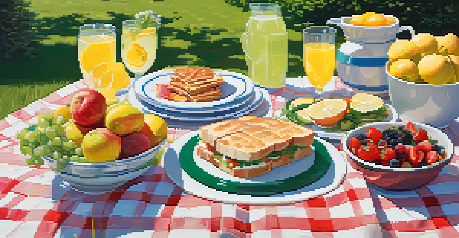 An outdoor picnic with vegetarian dishes on a checkered blanket in a sunny park setting.