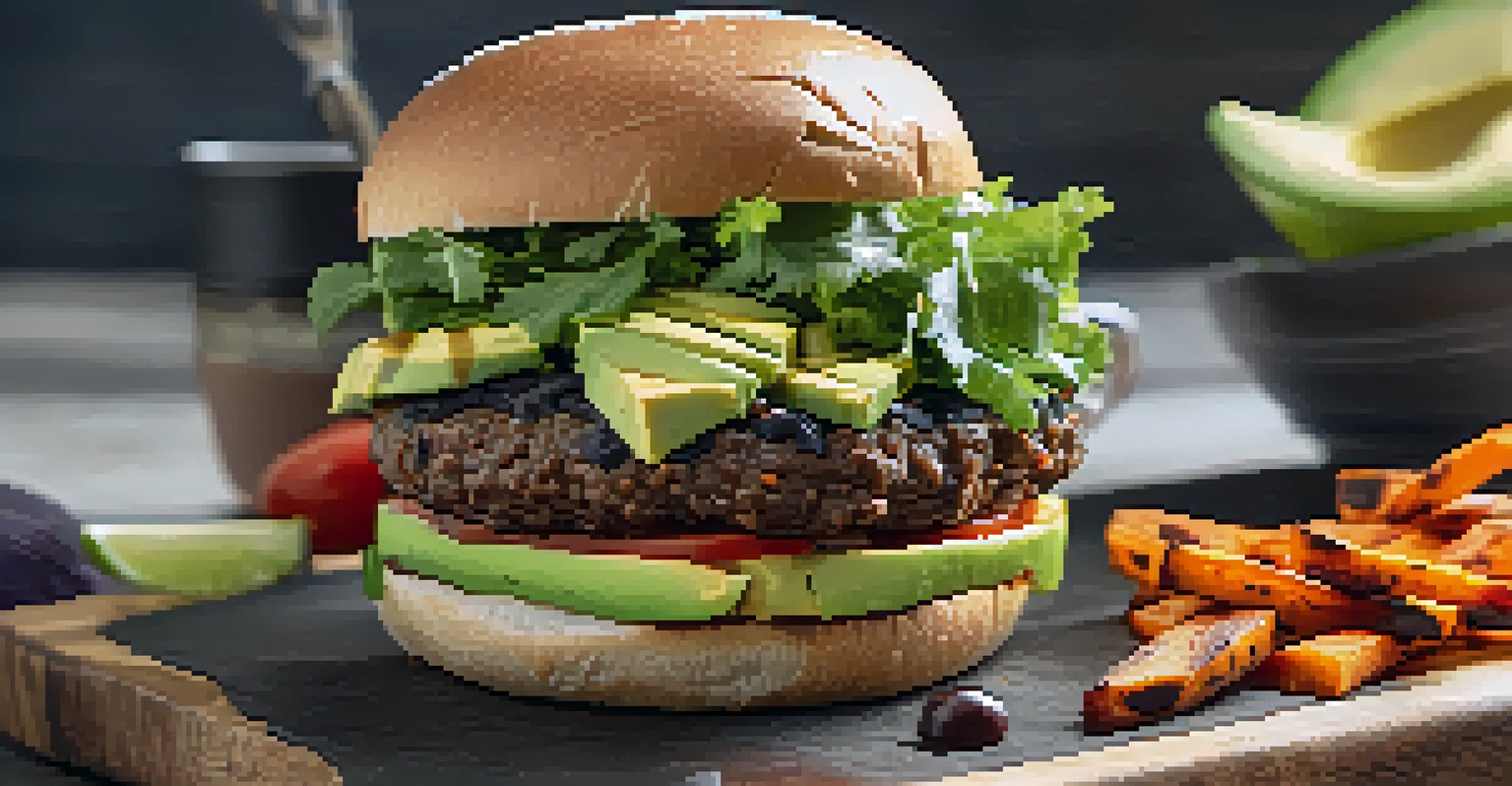 A black bean burger on a whole-grain bun with avocado and salsa, served with sweet potato fries on a wooden board.