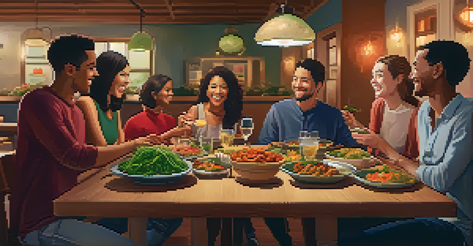 A group of friends dining at a round table with various vegetarian dishes in a cozy restaurant setting.