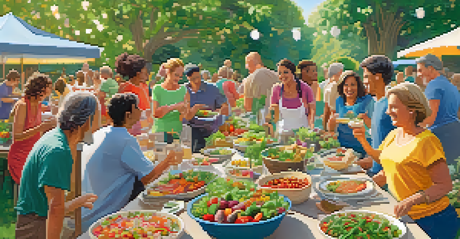 A potluck gathering in a community garden with a table full of colorful vegetarian dishes and people sharing food and recipes in a lush setting.