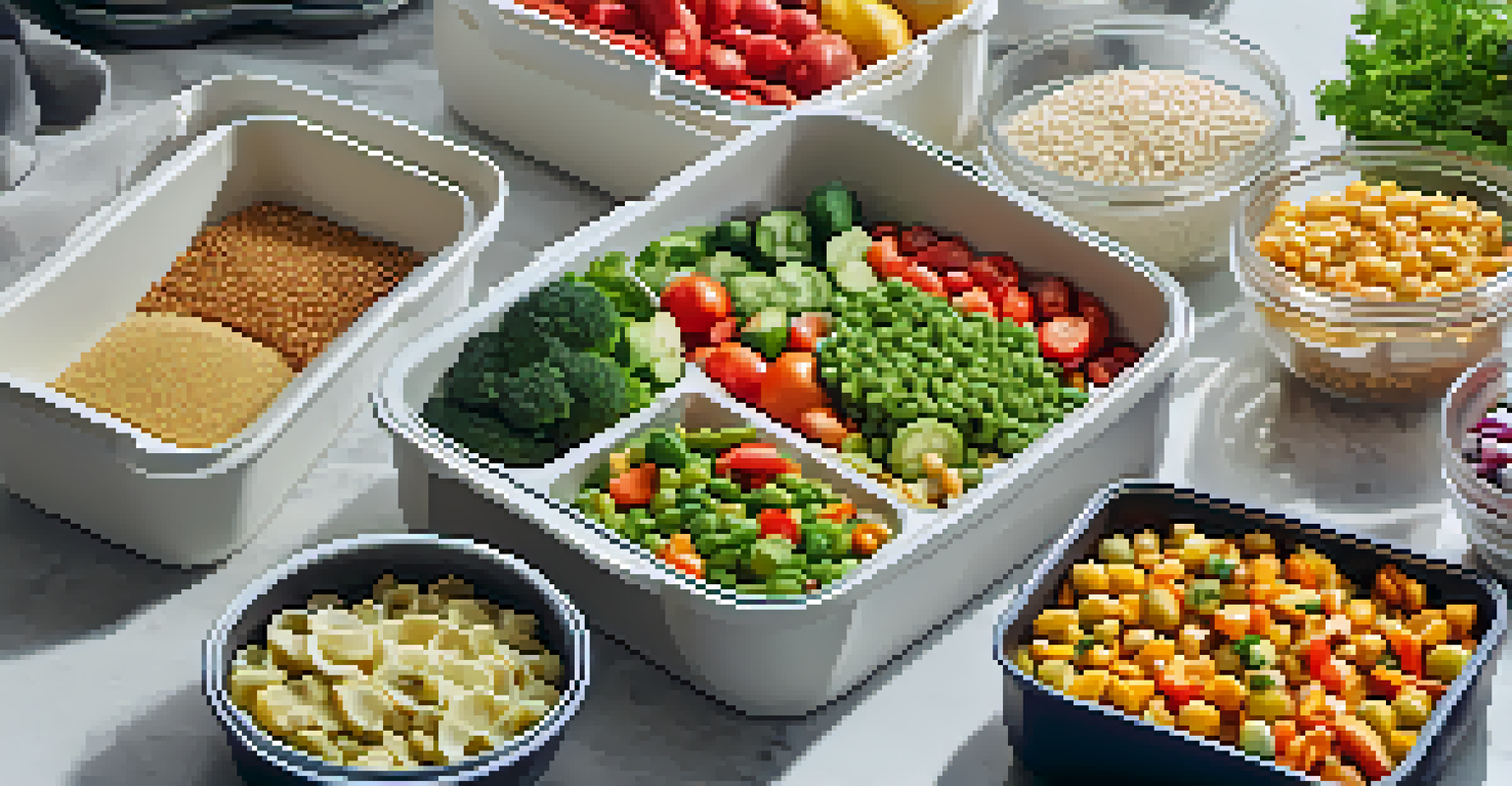 Neatly organized meal prep containers filled with vegetarian dishes on a bright countertop, with a planner and cooking utensils.