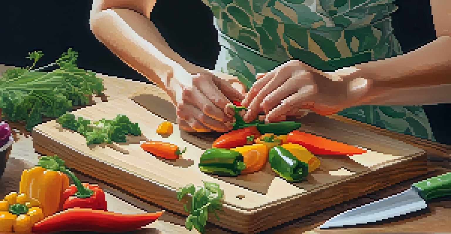 Hands chopping colorful vegetables on a wooden cutting board in a bright kitchen, emphasizing plant-based meal preparation.