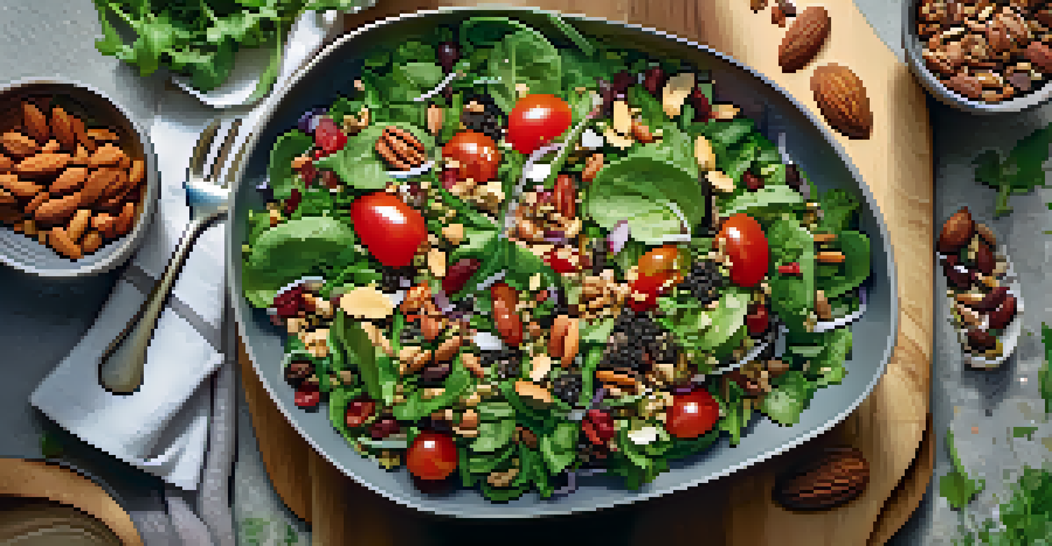An overhead view of a colorful salad bowl filled with greens, tomatoes, nuts, and seeds, topped with a light dressing.