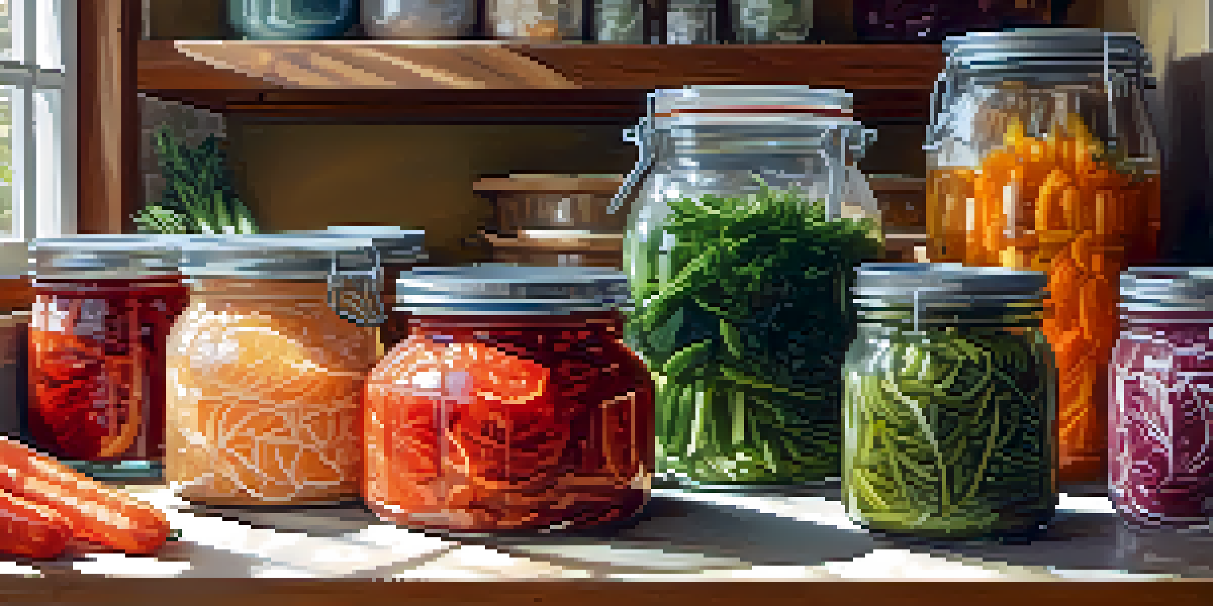 A bright kitchen filled with colorful jars of fermented foods and fresh vegetables, showcasing the process of plant-based fermentation.
