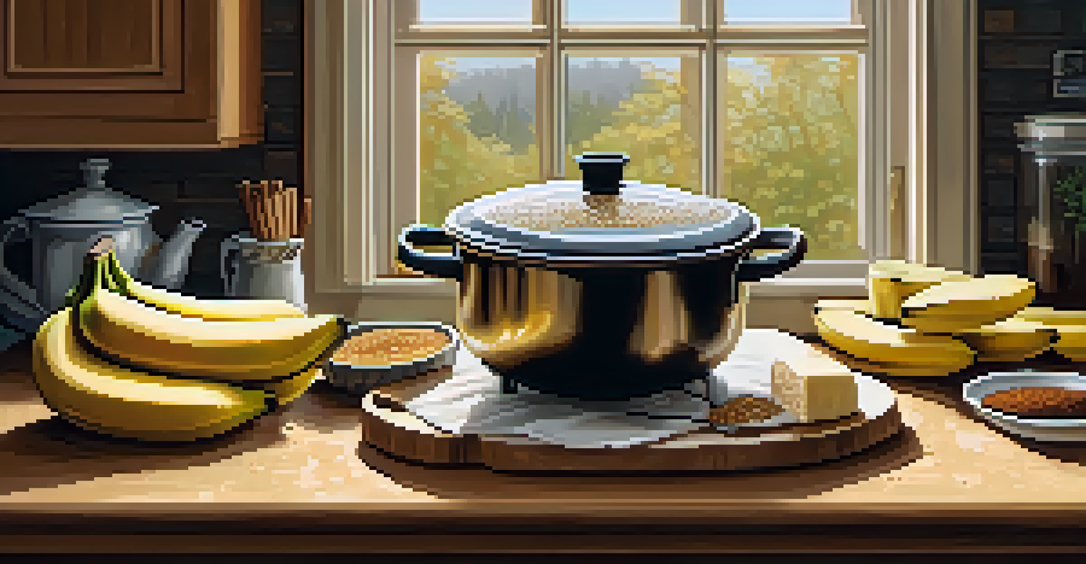 A pot of oatmeal topped with bananas and honey in a cozy kitchen with herbs on the windowsill.