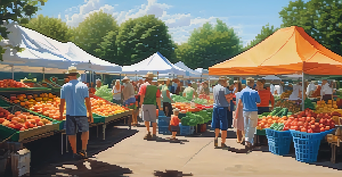A lively farmer's market filled with fresh seasonal fruits and vegetables, with sunlight illuminating the colorful produce.