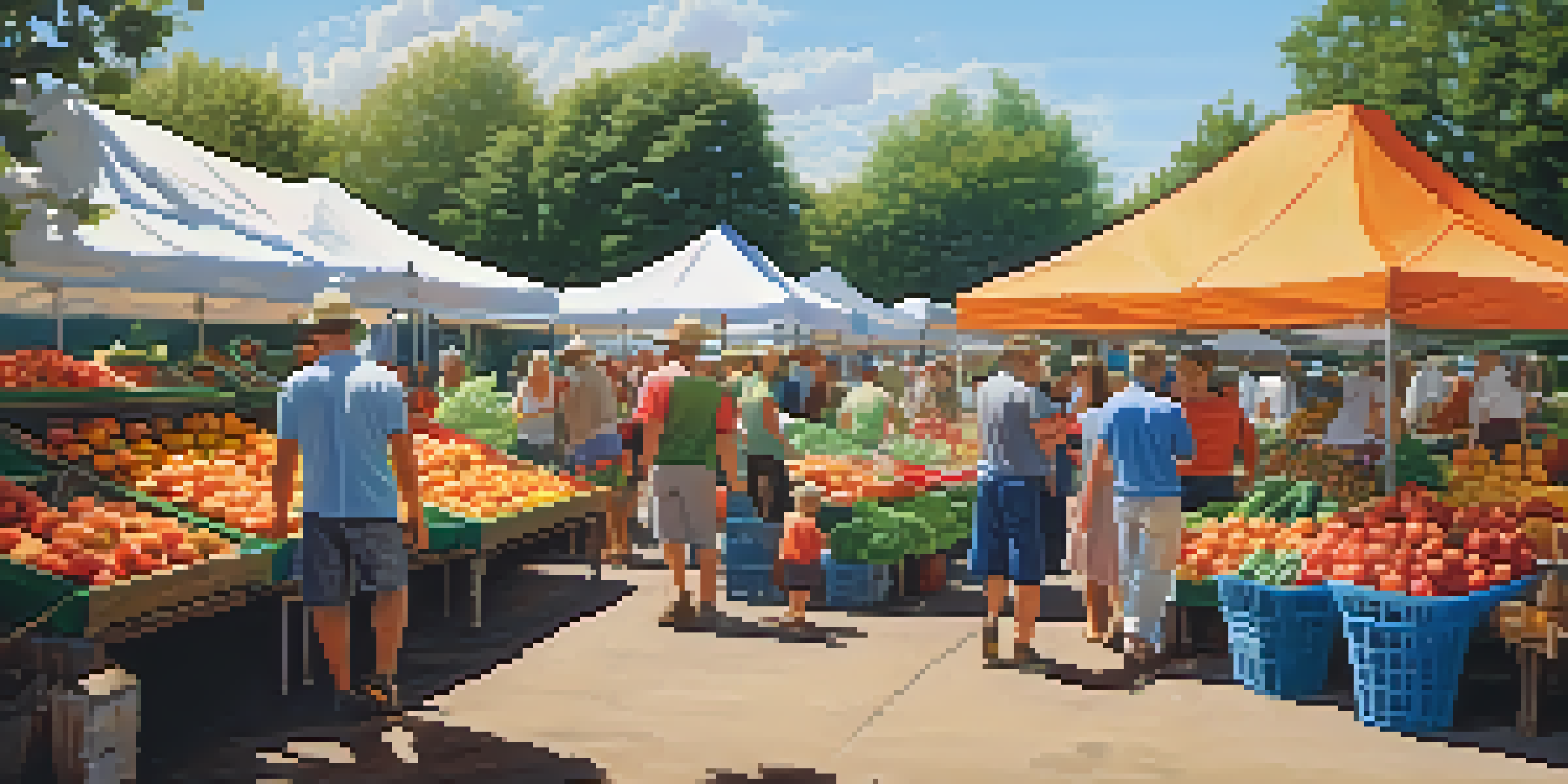 A lively farmer's market filled with fresh seasonal fruits and vegetables, with sunlight illuminating the colorful produce.