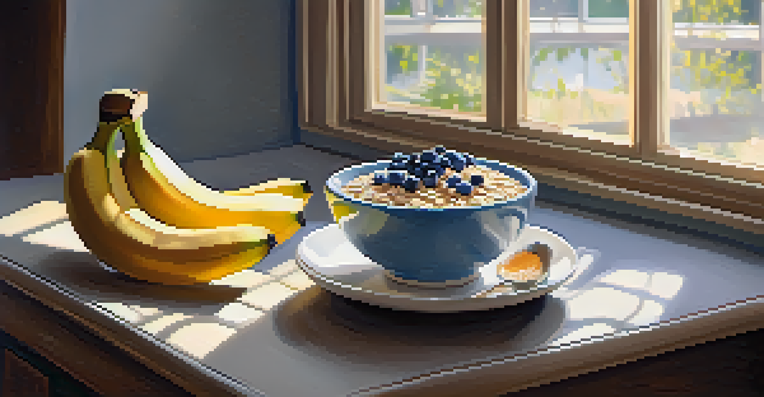 A bowl of oatmeal with bananas, blueberries, and chia seeds in a sunlit kitchen, creating a cozy breakfast scene.