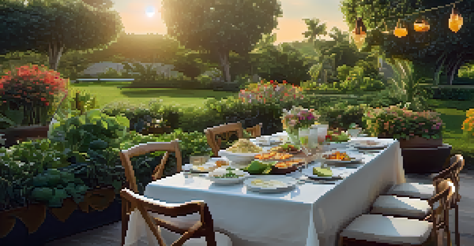 An outdoor dining table set with dairy-free vegetarian dishes, surrounded by a lush garden.