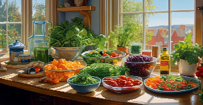 A bright kitchen showcasing a variety of colorful vegetarian foods on a wooden countertop, with sunlight illuminating the scene.