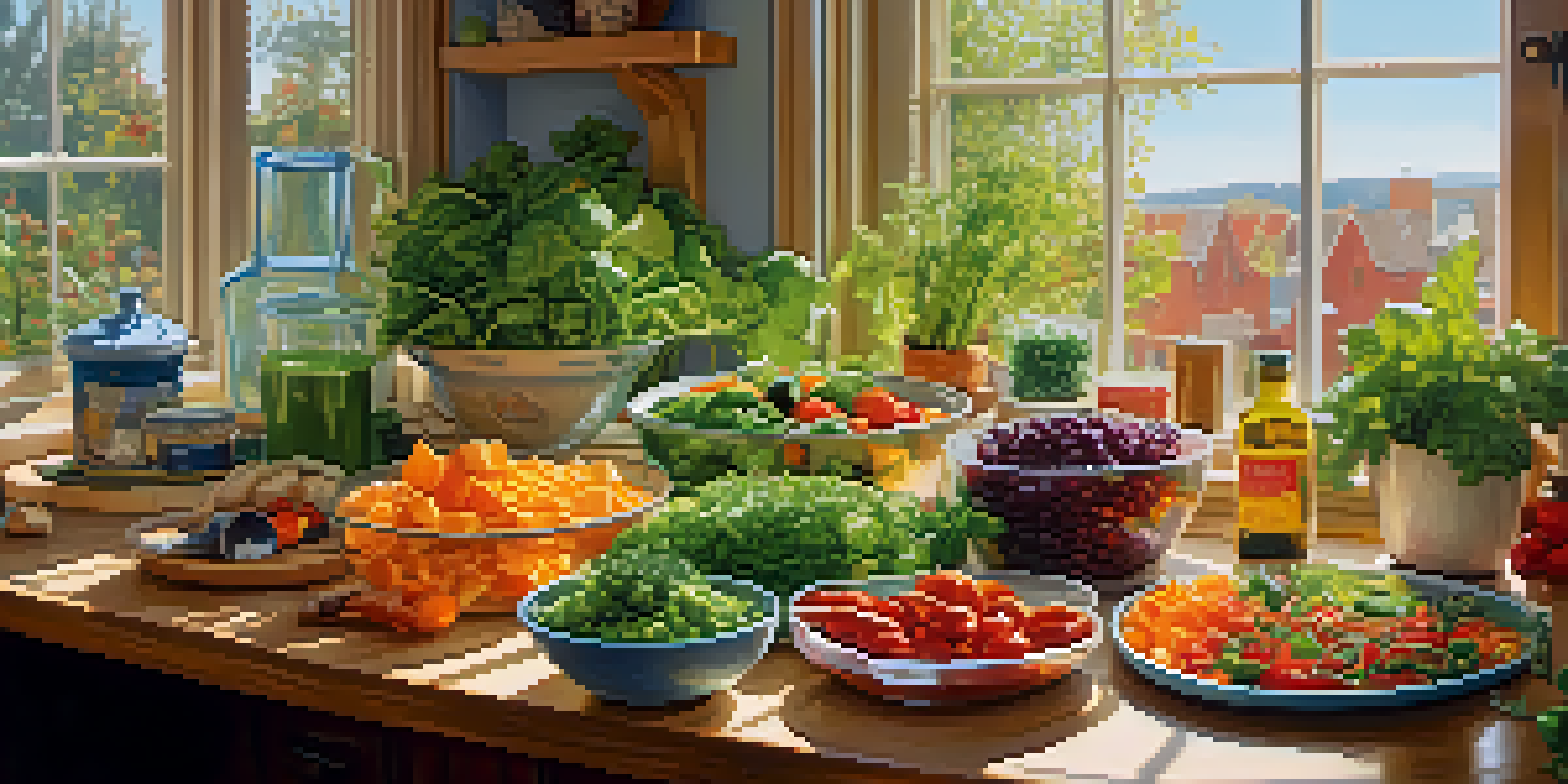 A bright kitchen showcasing a variety of colorful vegetarian foods on a wooden countertop, with sunlight illuminating the scene.