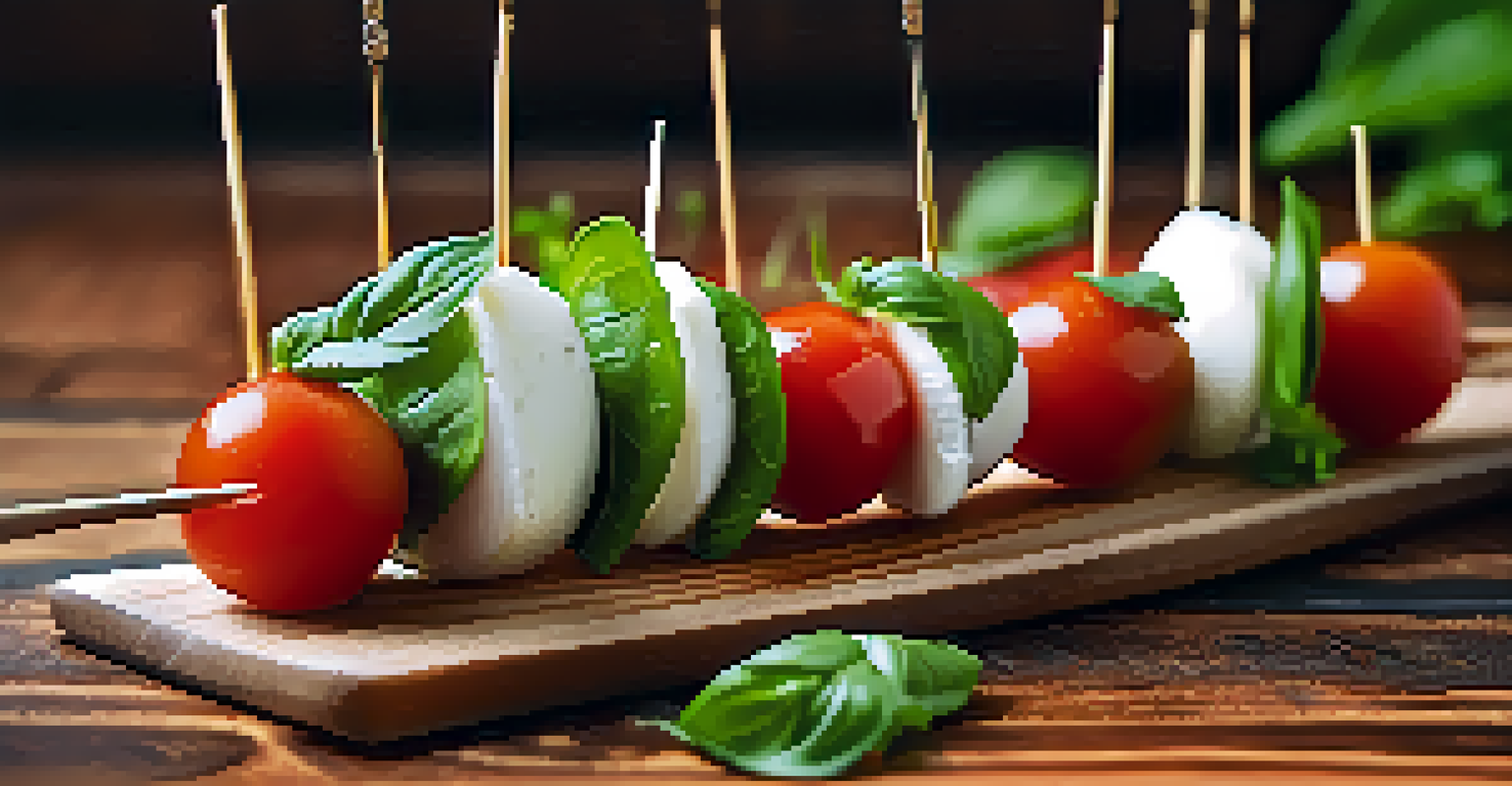 A fresh Caprese skewer with cherry tomatoes, basil, and mozzarella drizzled with balsamic glaze.