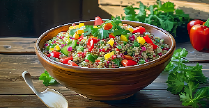 A colorful quinoa salad in a rustic bowl, filled with fresh vegetables like cucumbers, tomatoes, and bell peppers, set on a wooden table.