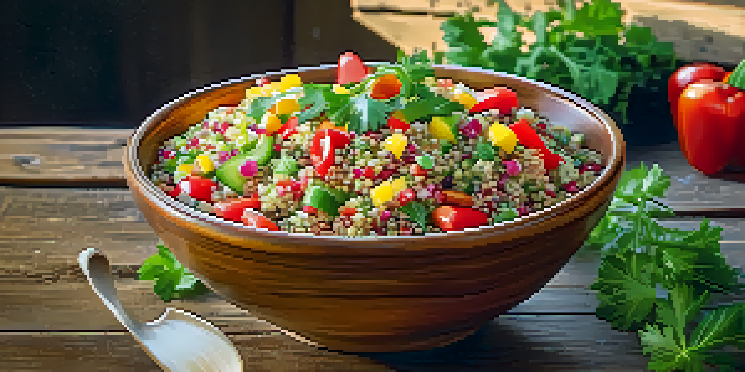 A colorful quinoa salad in a rustic bowl, filled with fresh vegetables like cucumbers, tomatoes, and bell peppers, set on a wooden table.