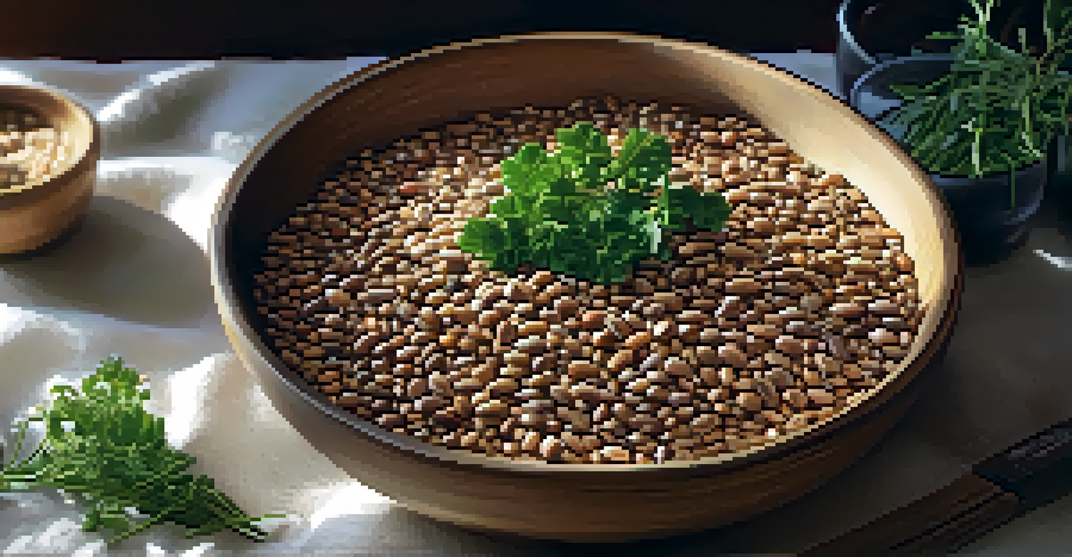 A heart-shaped bowl filled with colorful grains and beans, surrounded by fresh herbs and soft sunlight.