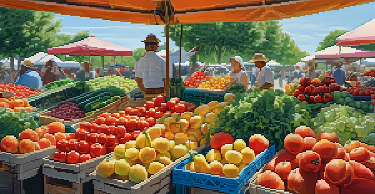 A farmer's market filled with colorful fruits and vegetables, basking in sunlight filtering through the market canopy.