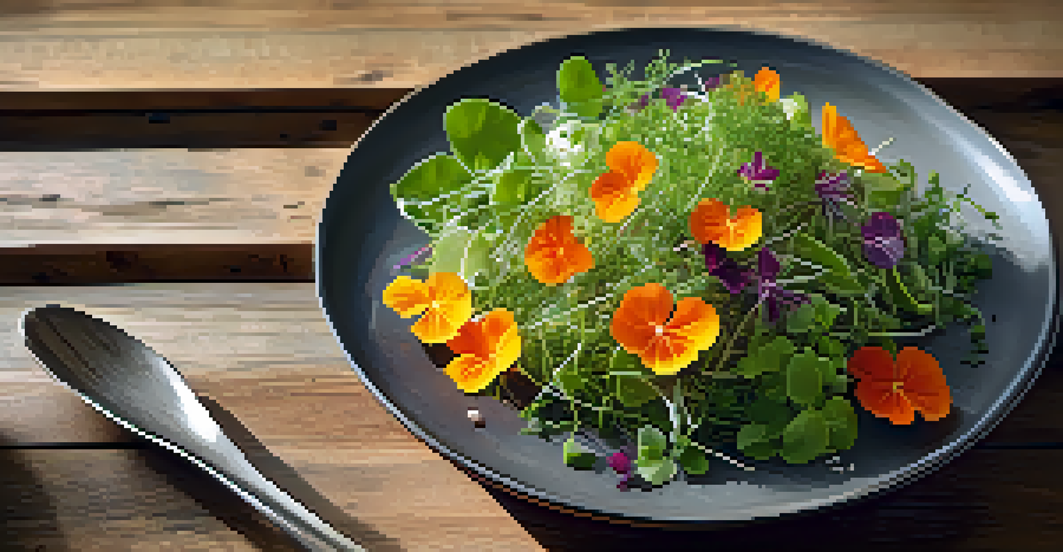 A fresh salad with microgreens and edible flowers beautifully arranged on a rustic wooden table.