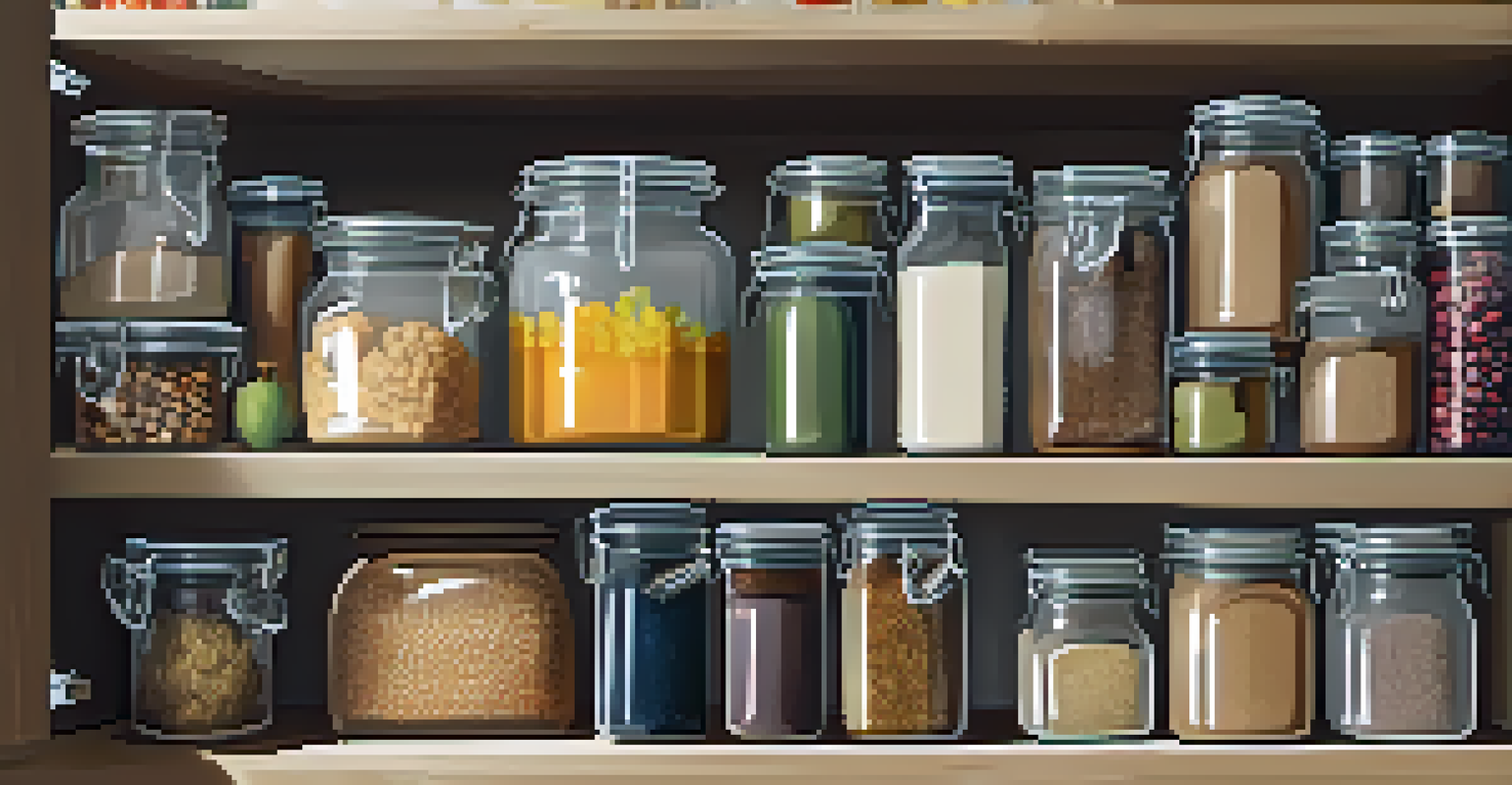 A well-organized pantry with labeled storage containers and a variety of ingredients.