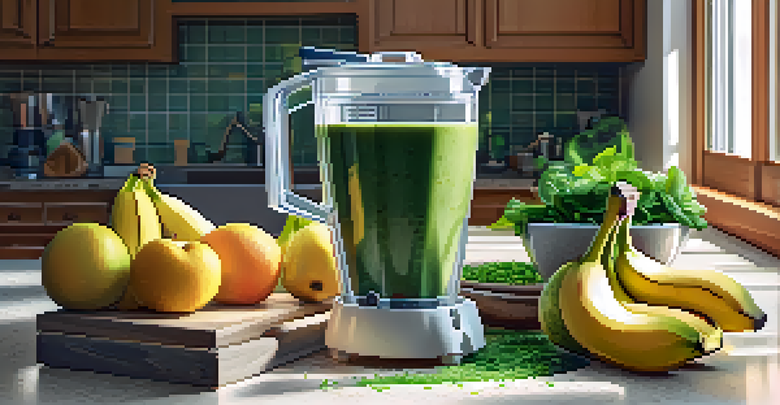 A modern kitchen with a blender filled with a green smoothie made from soy milk, spinach, and bananas, with fresh fruits and chia seeds on the countertop.